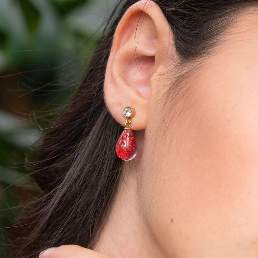 Parure collana e orecchini in acciaio inossidabile e ciondolo in resina con Pizzo della regina Anna rosso