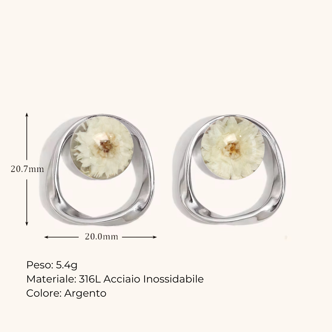 Orecchini a lobo in Resina con Fiori Veri di Glixia bianco - Acciaio Inox