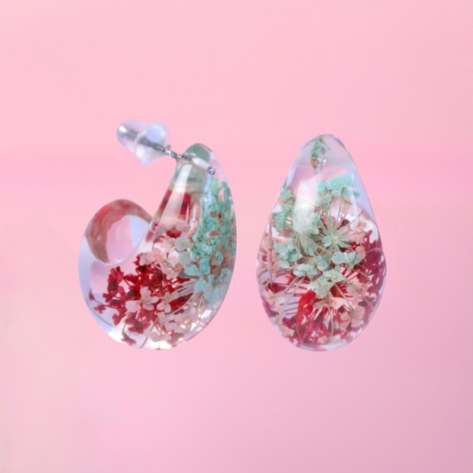 Orecchini a bottone a forma di goccia dupe in resina con fiori veri Pizzo della regina Anna