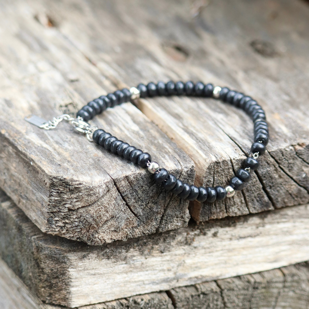 Bracciale uomo in acciaio inox con perline in cocco nere