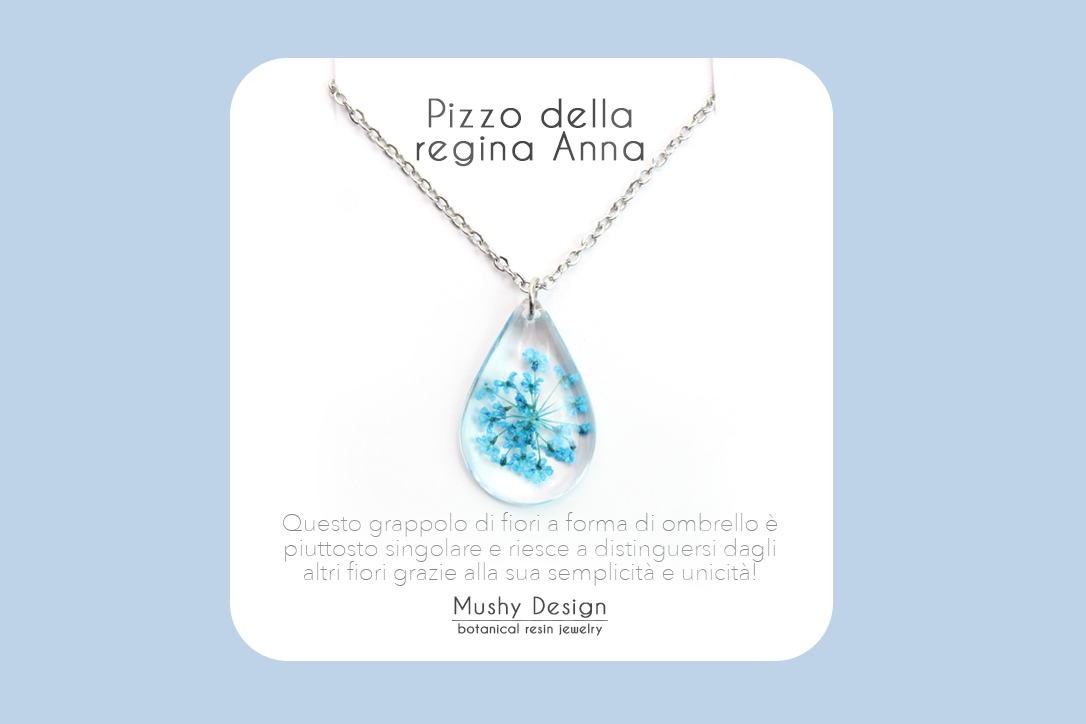 Collana goccia in acciaio inossidabile e ciondolo in resina con Pizzo della regina Anna blu