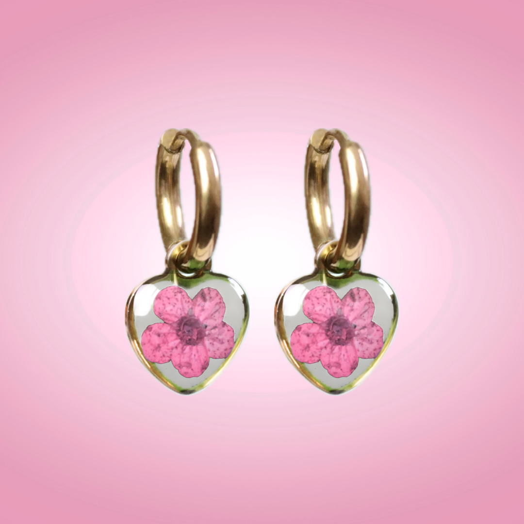Orecchini a cerchio piccoli in acciaio inox con ciondolo a cuore e fiore vero rosa