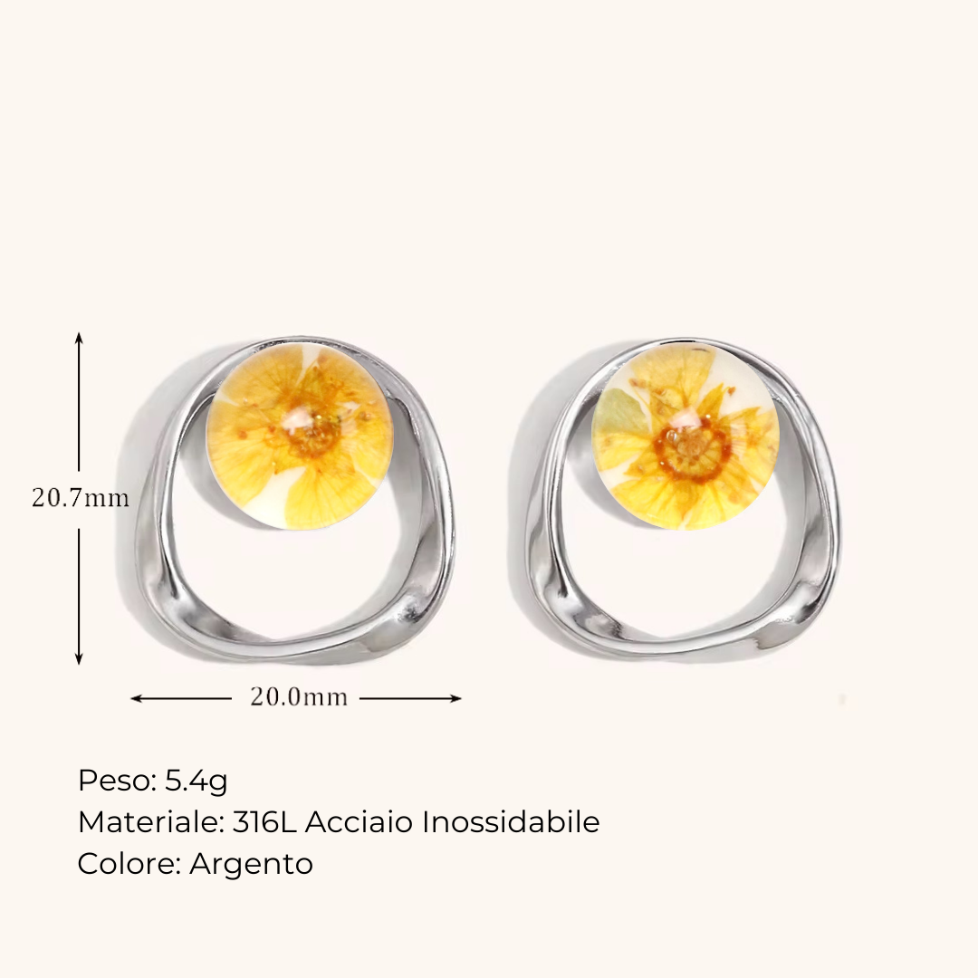 Orecchini a lobo in Resina con Fiori Veri di Ranuncolo - Acciaio Inox