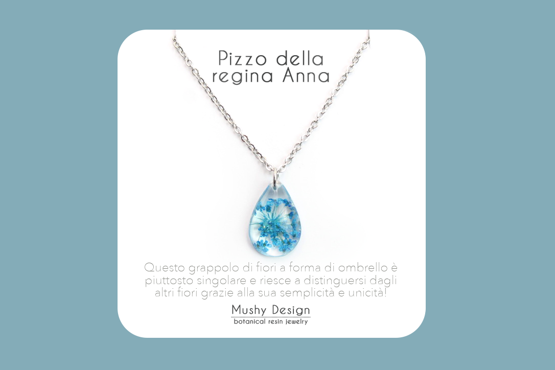 Collana goccia in acciaio inossidabile e ciondolo in resina con Pizzo della regina Anna blu