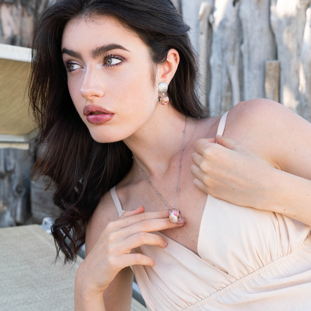 Orecchini BOLLA con Conchiglie vere e sassolini rossi in acciaio inossidabile anallergico