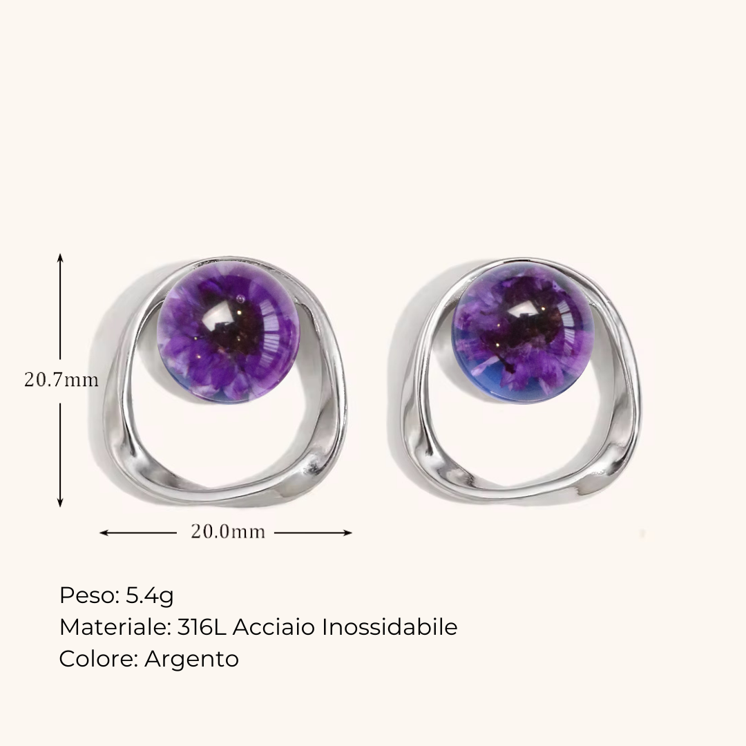 Orecchini a lobo in Resina con Fiori Veri di Glixia viola - Acciaio Inox