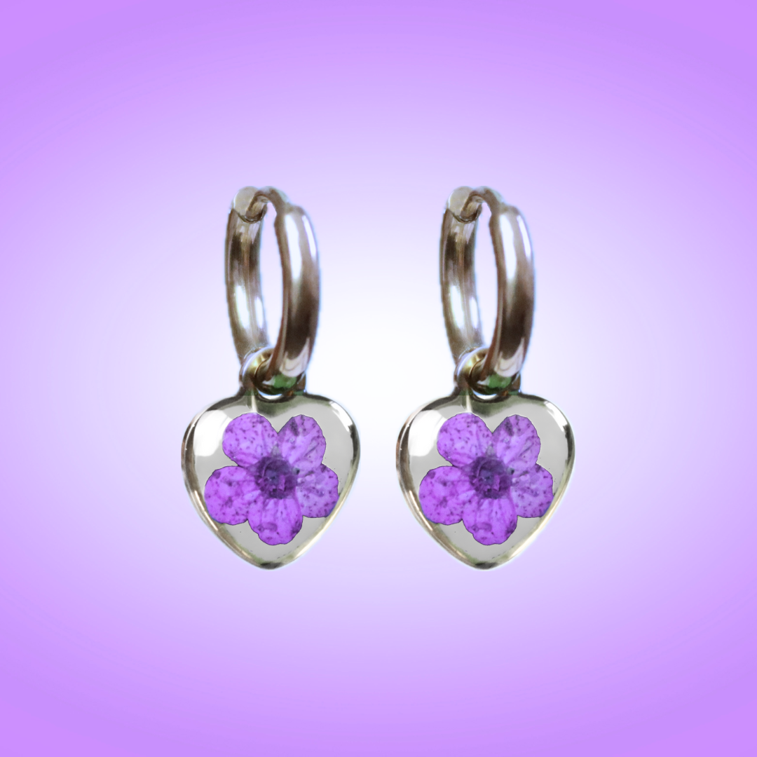 Orecchini a cerchio piccoli in acciaio inox con ciondolo a cuore e fiore vero viola