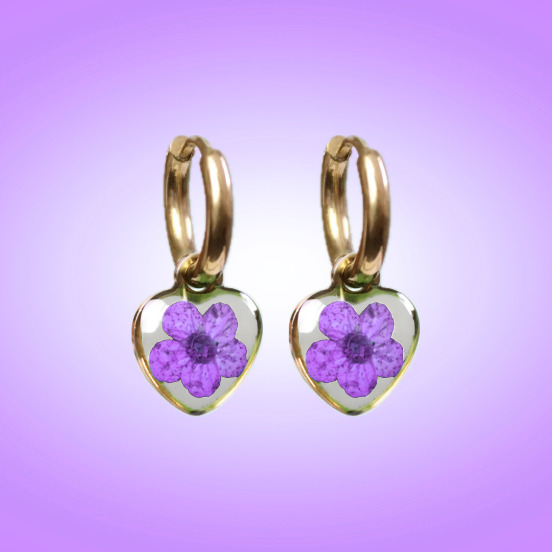 Orecchini a cerchio piccoli in acciaio inox con ciondolo a cuore e fiore vero viola