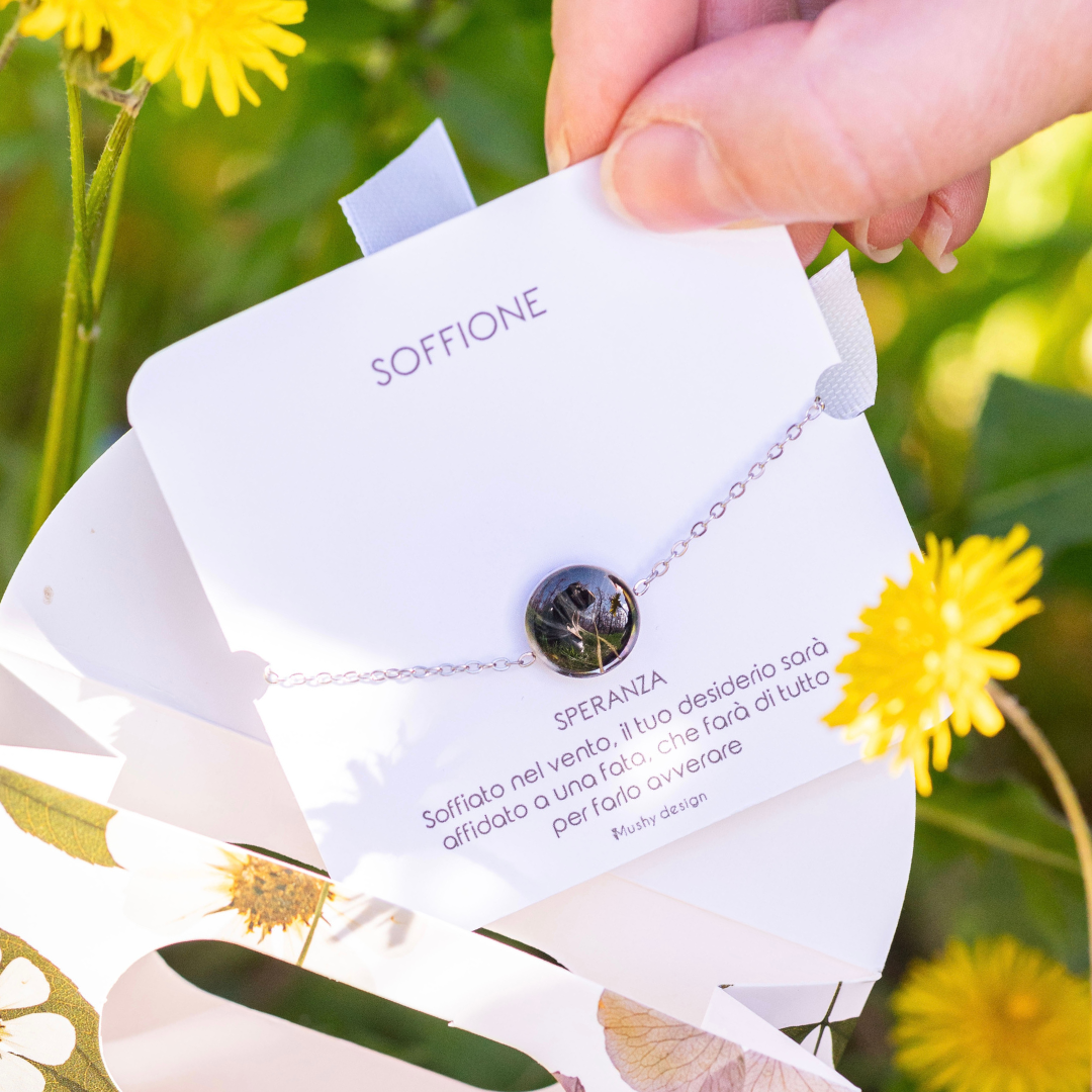 Bracciale con Soffione in resina sfondo nero, montatura in acciaio inox