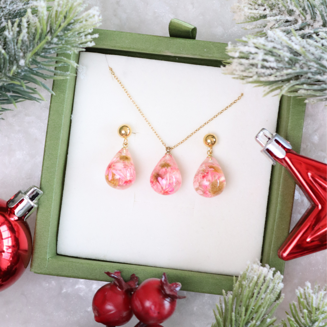 Parure collana + orecchini in acciaio inossidabile e ciondolo in resina con Glixia rosa