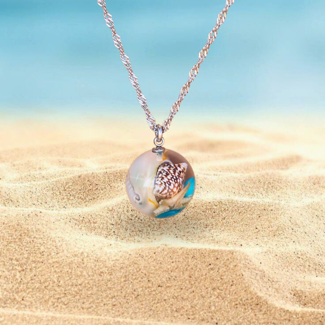 Collana BOLLA con Conchiglie vere e sassolini azzurri in acciaio inossidabile