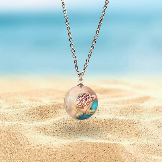 Collana BOLLA con Conchiglie vere e sassolini azzurri in acciaio inossidabile