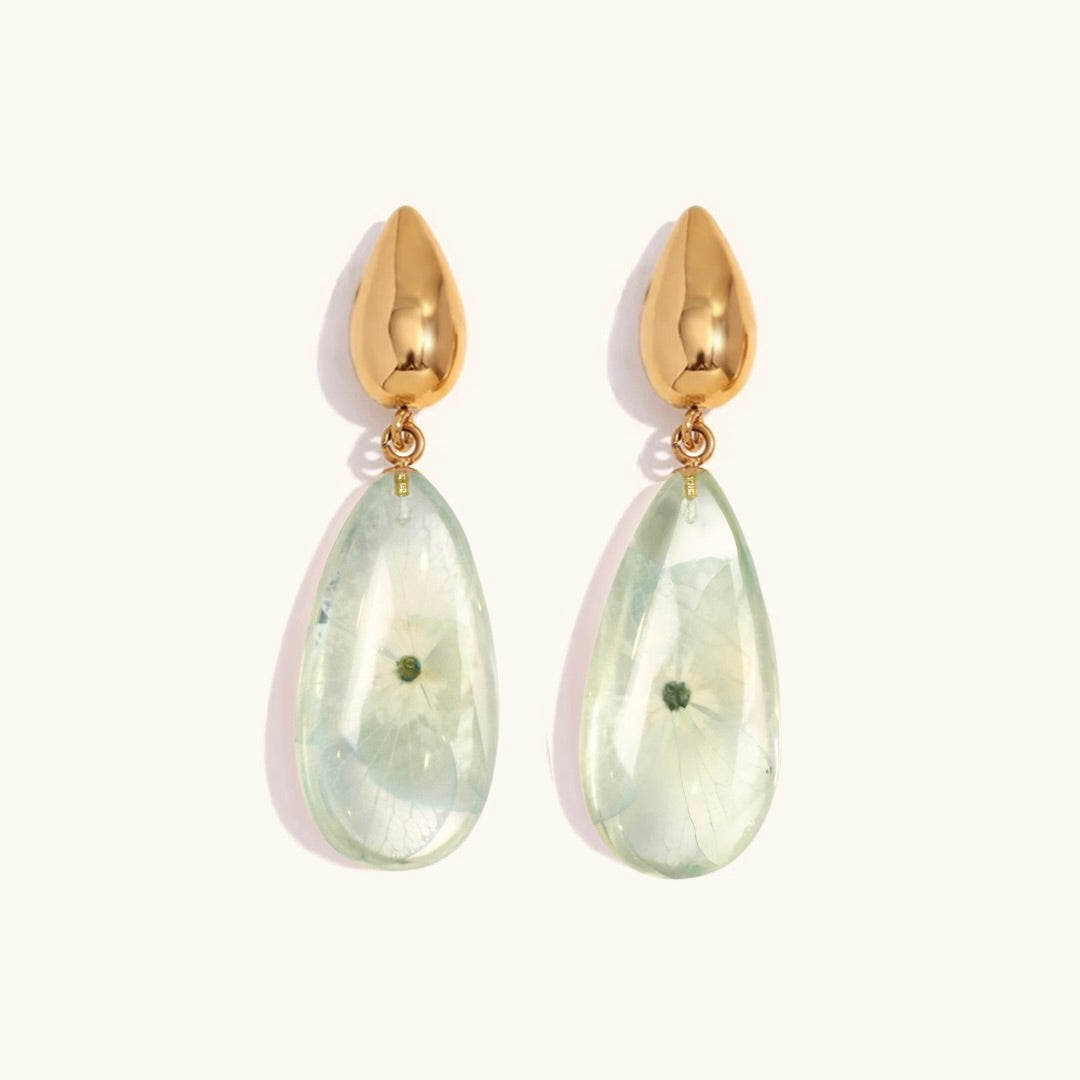 Orecchini Pendenti in Resina con Fiori Veri di Ortensia azzurra - RUGIADA, Acciaio Inox