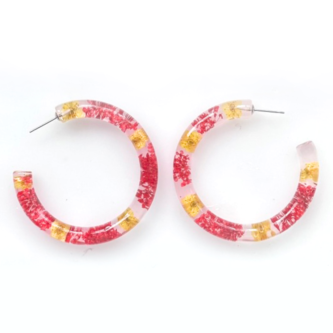 EDEN Orecchini a cerchio grandi in resina con Pizzo della regina Anna rosso e fiori gialli