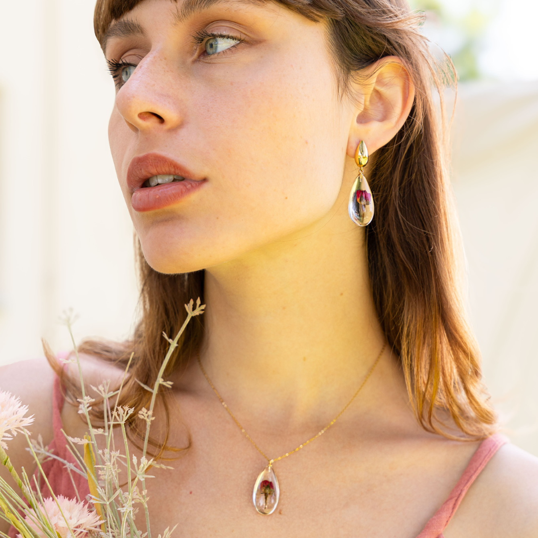 Collana in Resina con Fiore di Rosa Rossa - RUGIADA, Acciaio Inox