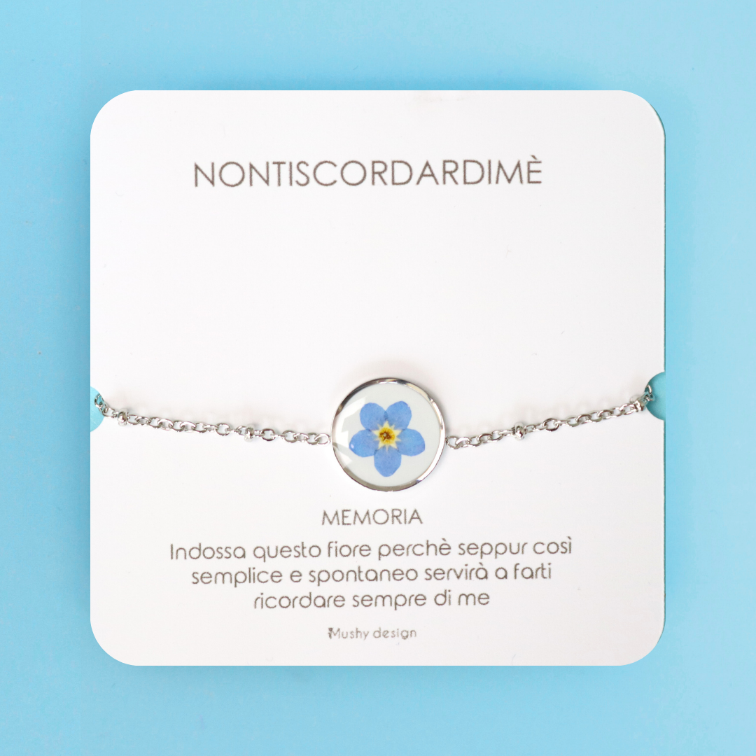 Bracciale in acciaio inox e ciondolo medaglione in resina con fiore vero Nontiscordardimé
