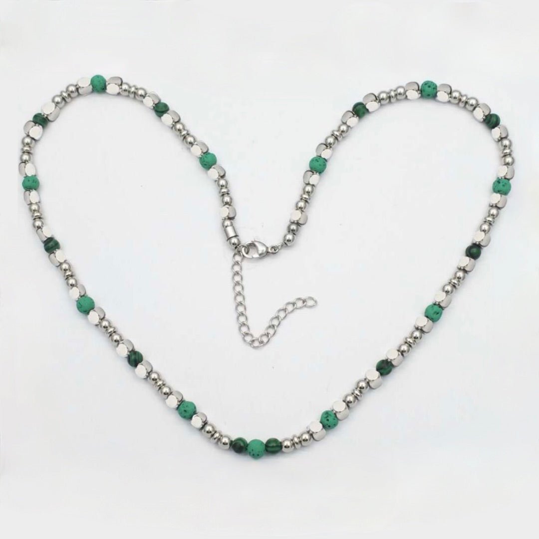 Collana da Uomo Artigianale Regolabile in Acciaio Inox e pietra lavica verde