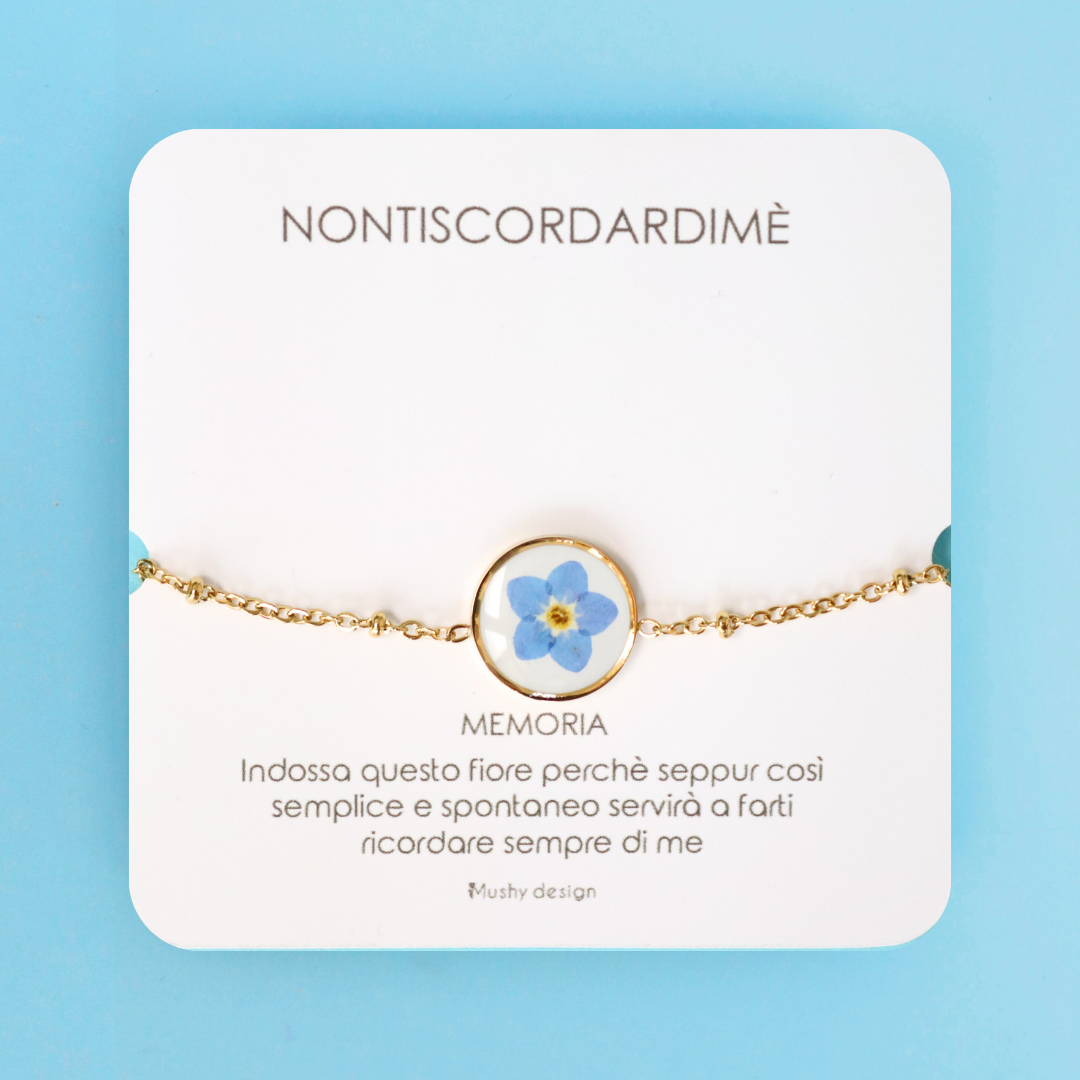 Bracciale in acciaio inox e ciondolo medaglione in resina con fiore vero Nontiscordardimé