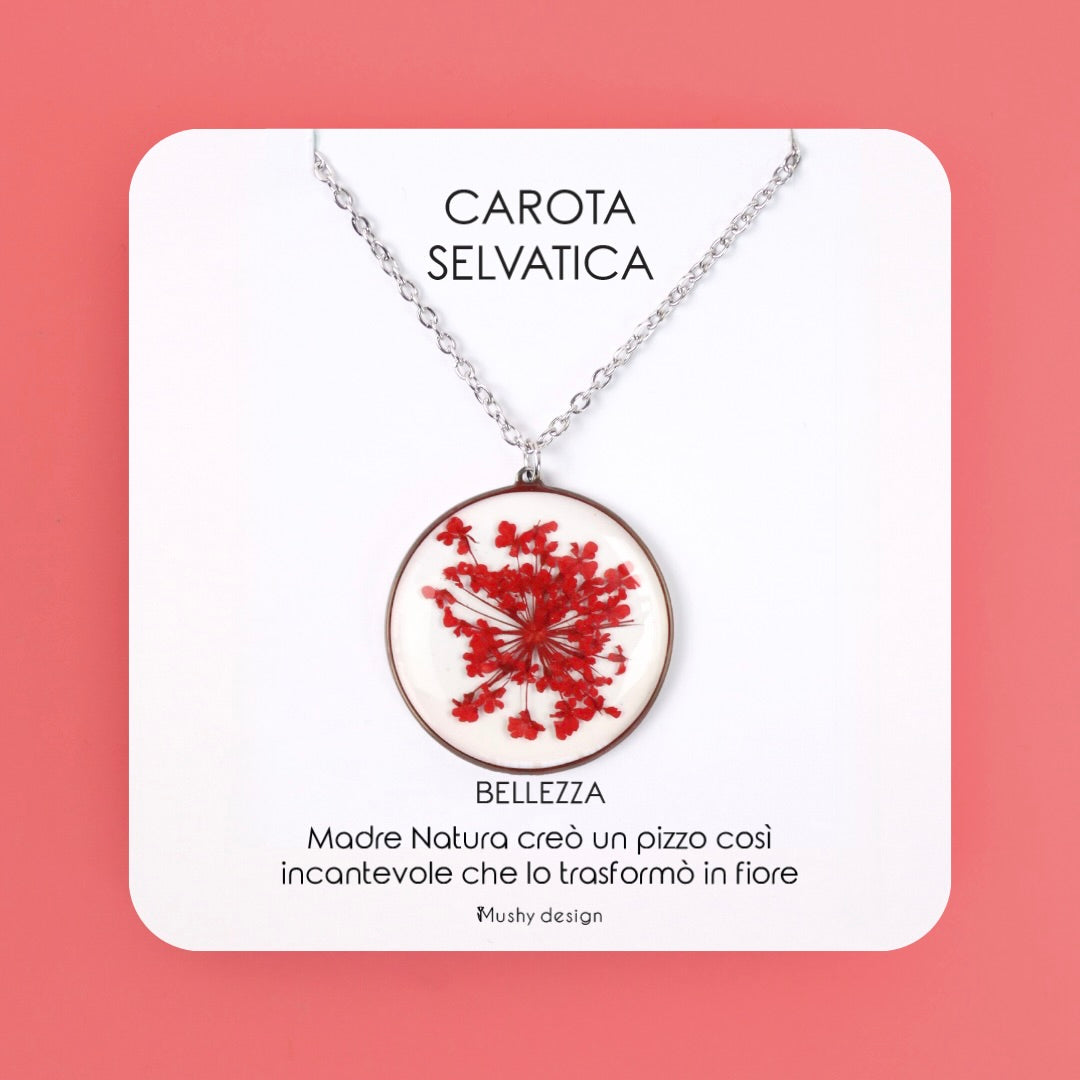 Collana con fiore Pizzo della regina Anna rosso in acciaio inossidabile