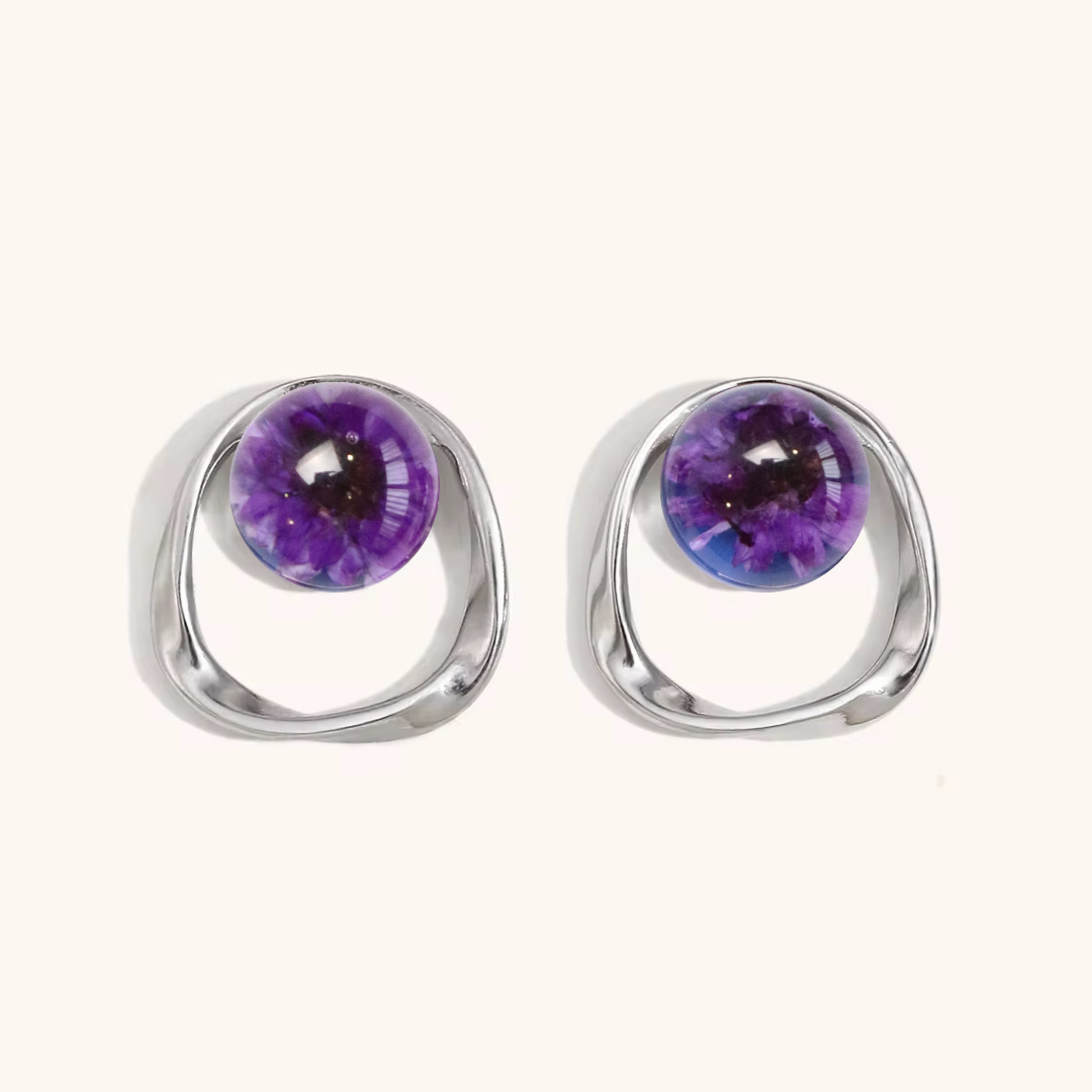 Orecchini a lobo in Resina con Fiori Veri di Glixia viola - Acciaio Inox