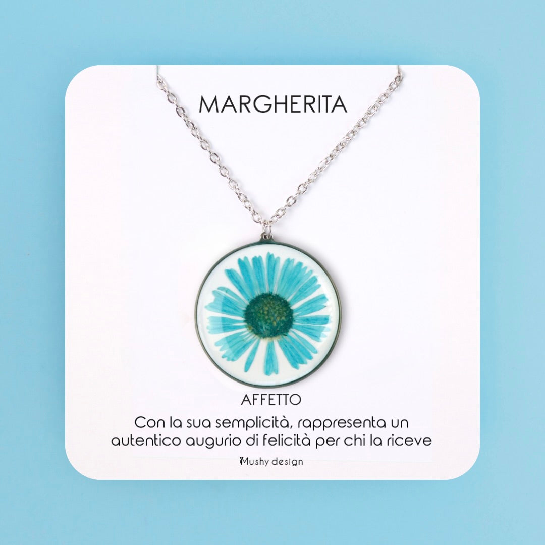 Collana in acciaio inossidabile e ciondolo in resina con Margherita turchese