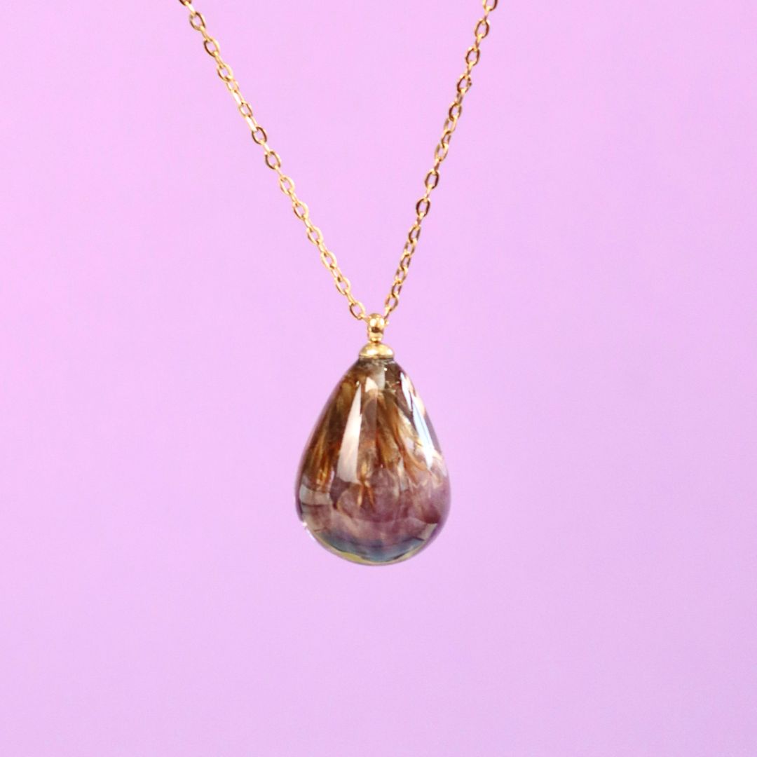 Collana RUGIADA in acciaio inossidabile e ciondolo in resina con Statice viola scuro