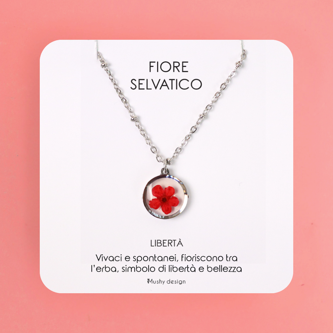Collana in acciaio inossidabile e ciondolo in resina con fiore rosso