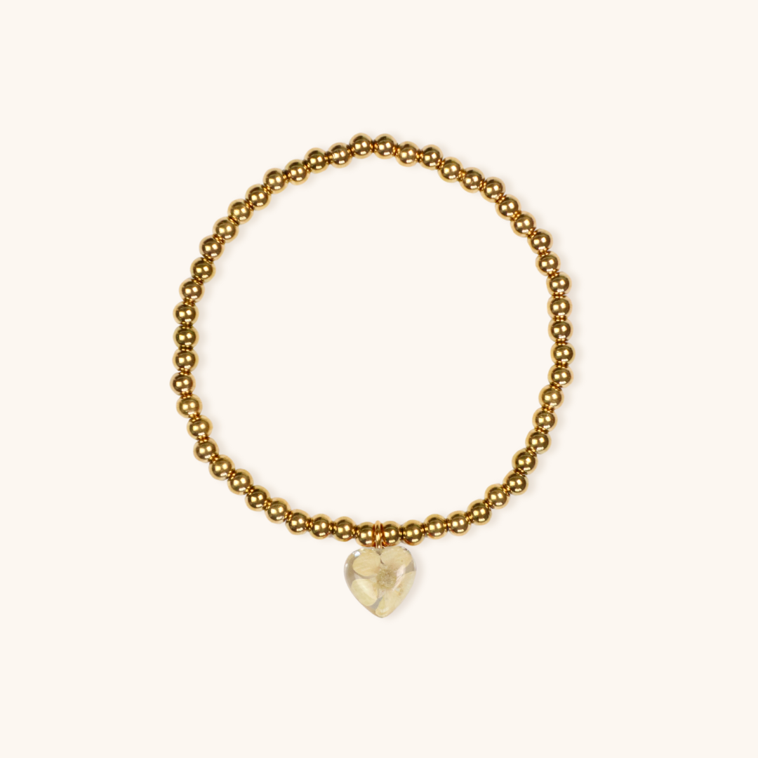 Bracciale Elastico con Cuore in Resina e Fiore bianco - Acciaio Inox