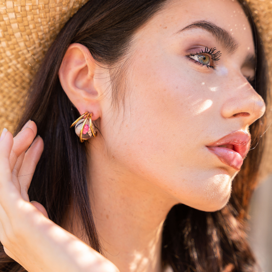 Orecchini BOLLA con Conchiglie e sassolini rossi in acciaio inossidabile anallergico