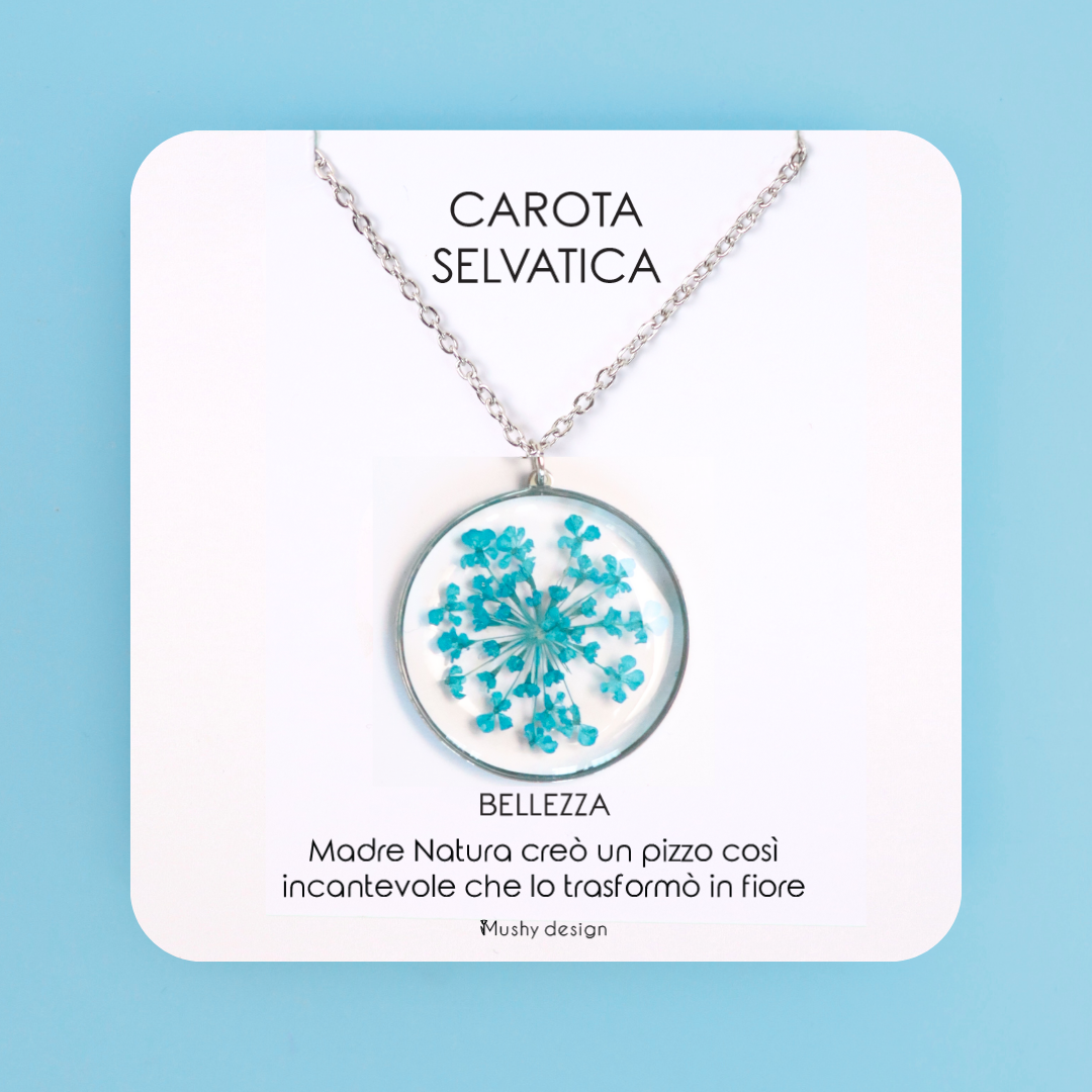 Collana in acciaio inossidabile e ciondolo in resina con Pizzo della regina Anna turchese