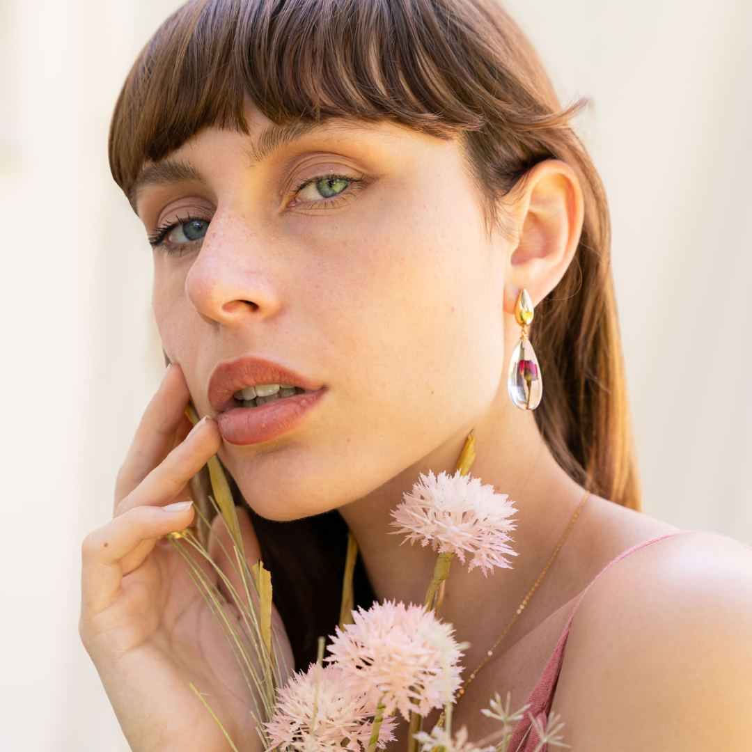 Orecchini Pendenti in Resina con Fiori Veri di Rosa rossa - RUGIADA, Acciaio Inox