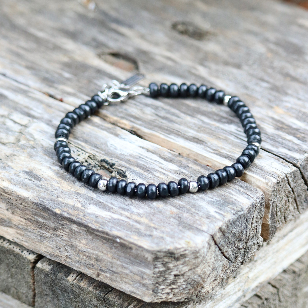Bracciale uomo in acciaio inox con perline in cocco nere
