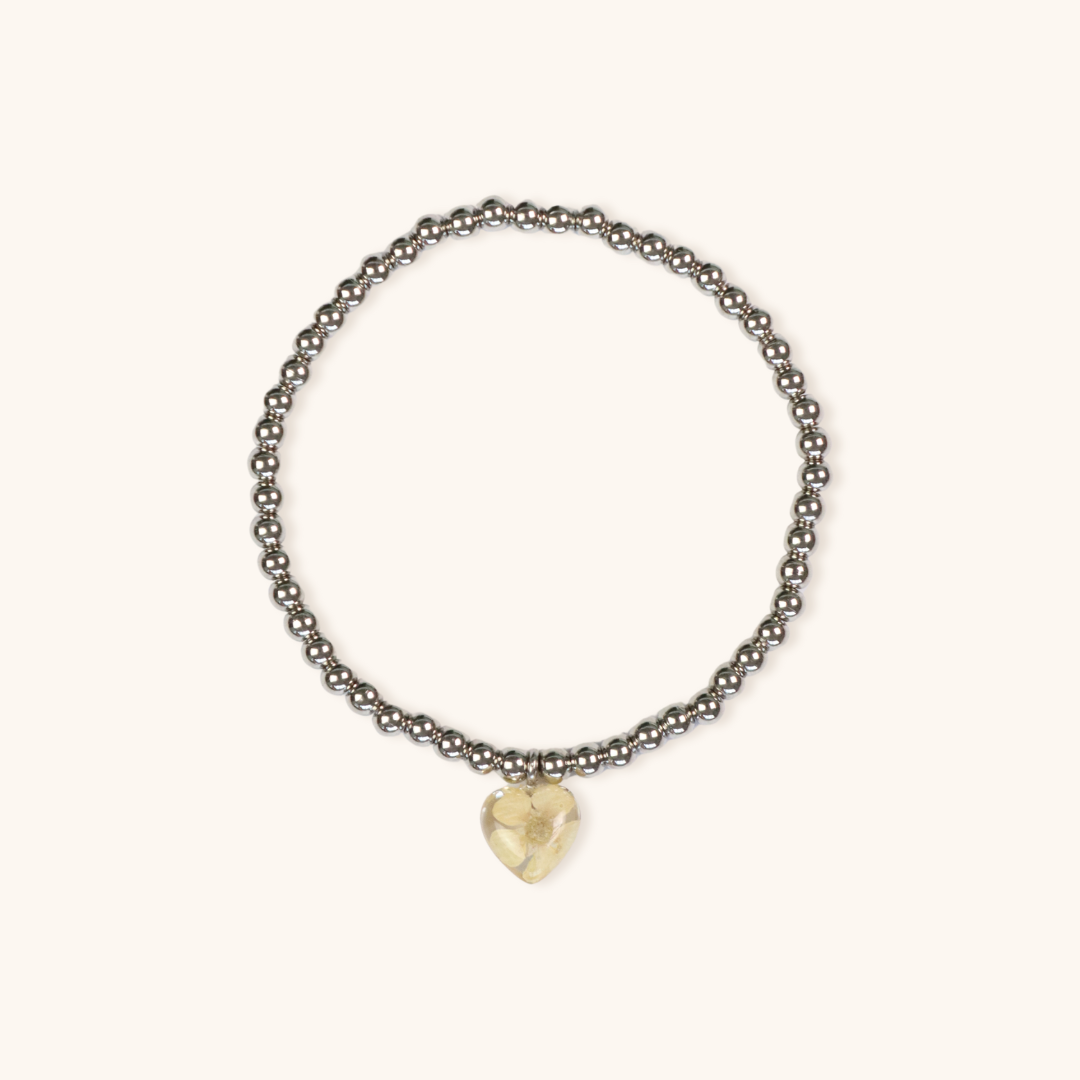 Bracciale Elastico con Cuore in Resina e Fiore bianco - Acciaio Inox