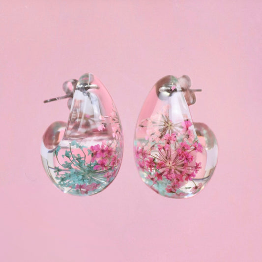 Orecchini a bottone a forma di goccia dupe in resina con fiori veri Pizzo della regina Anna rosa e azzurro