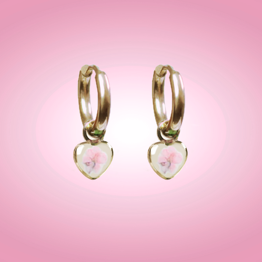 Orecchini a cerchio piccoli in acciaio inox con ciondolo a cuore e Pizzo della regina Anna rosa