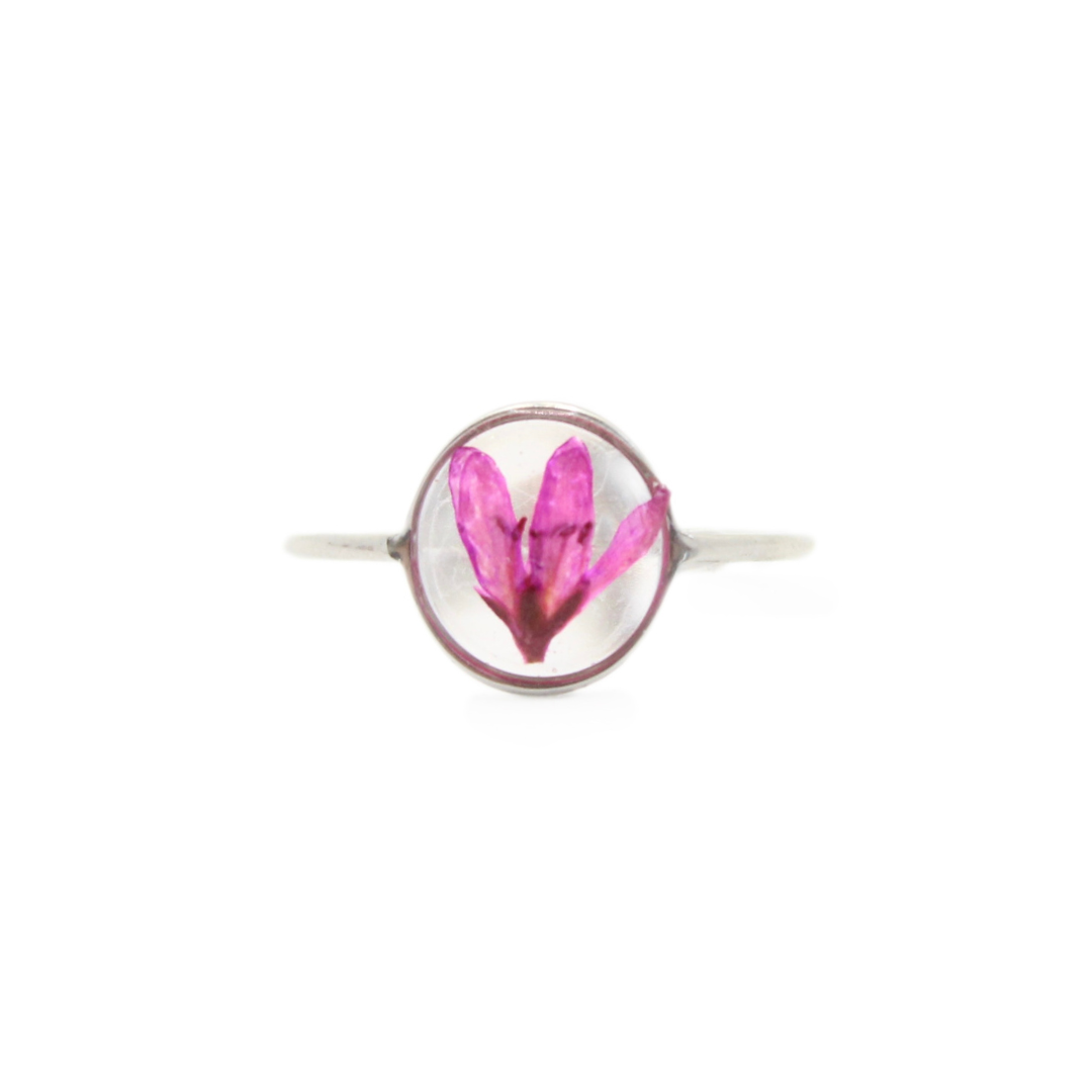 Anello in acciaio inox e Lysamachia intersecata nella resina