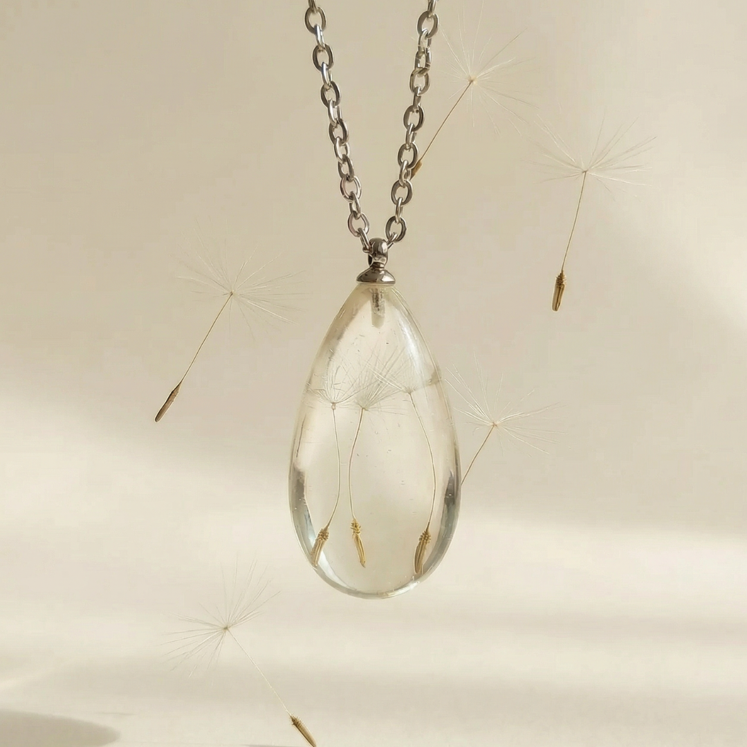 Collana RUGIADA in acciaio inossidabile e ciondolo in resina con Soffione