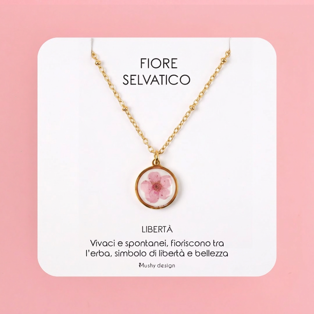 Collana in acciaio inossidabile e ciondolo in resina con fiore selvatico rosa