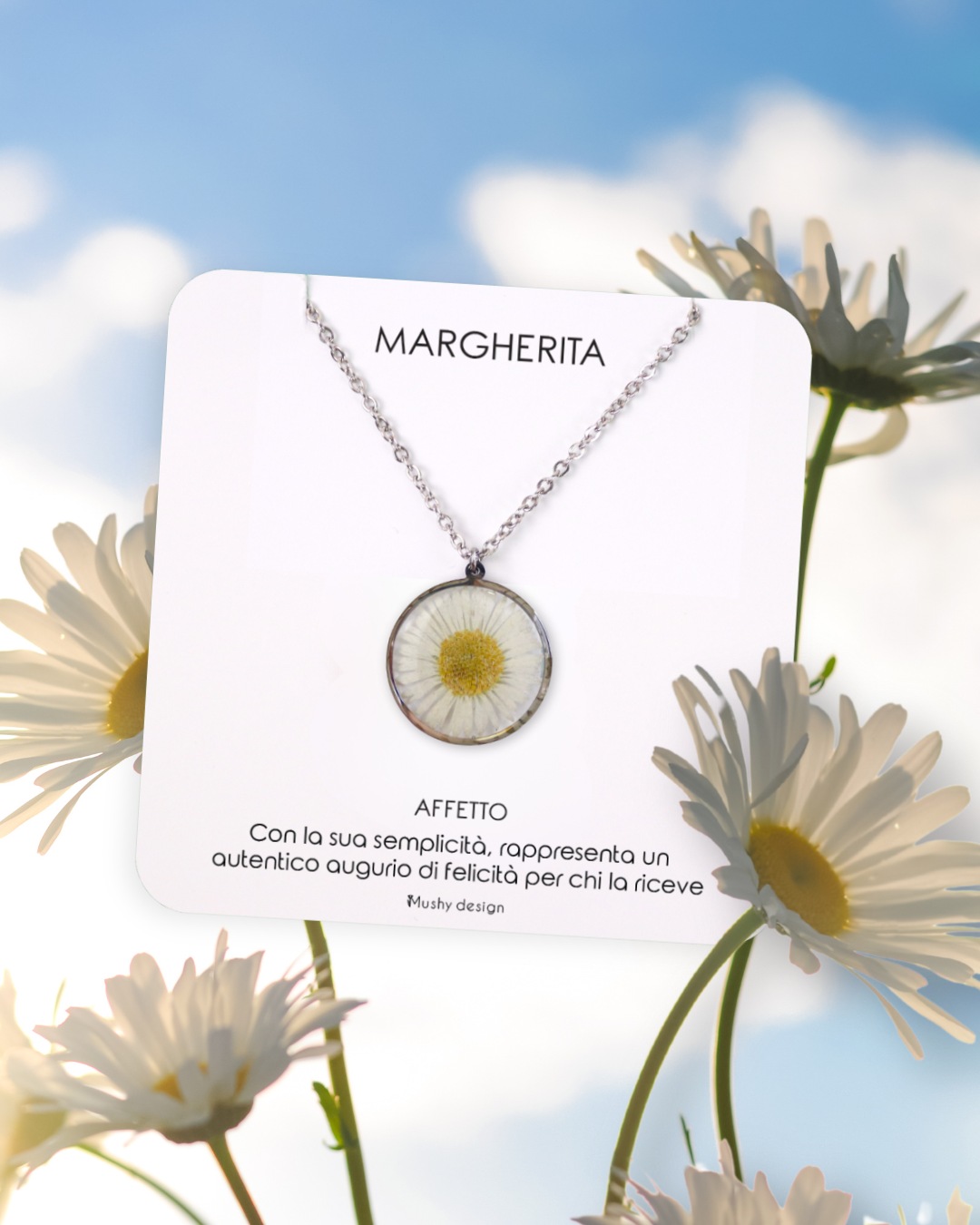 Collana in acciaio inossidabile e ciondolo in resina con Margherita mini