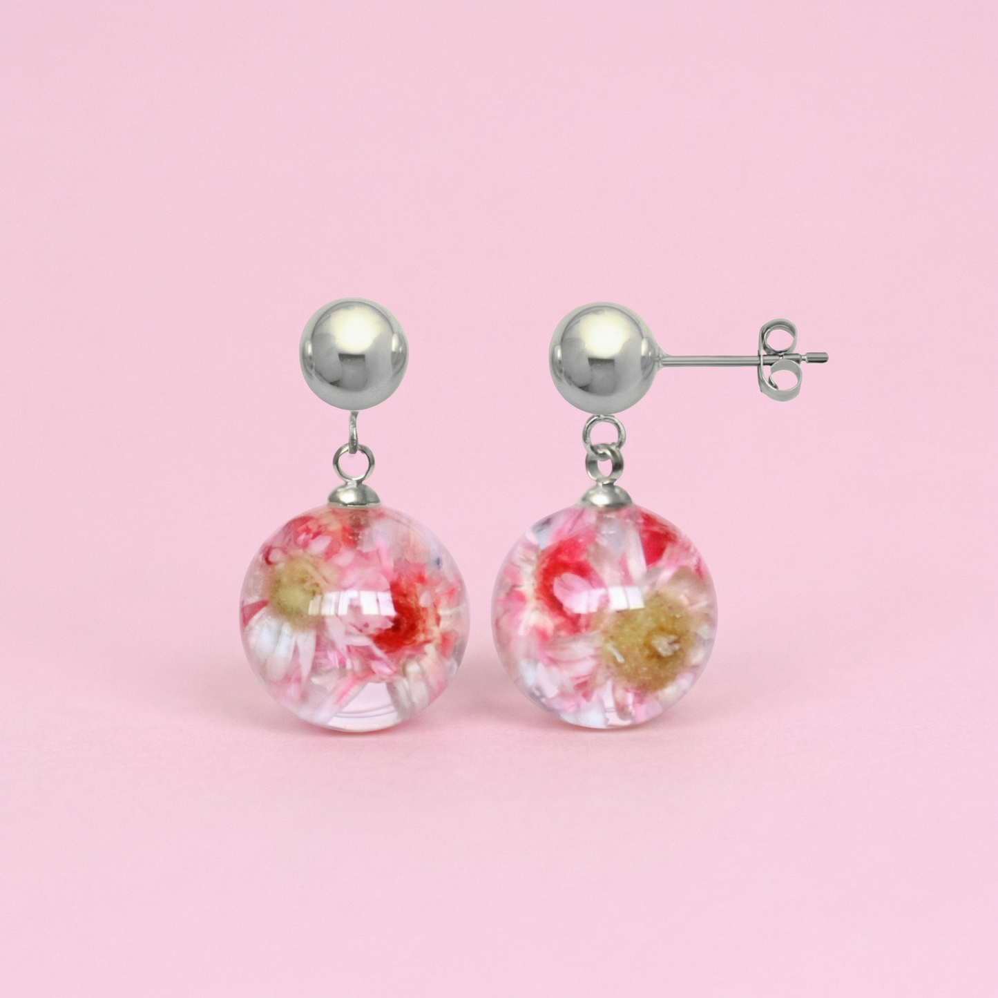 Paio di orecchini BOLLE - sfere pendenti con fiore vero Glixia rosa e montatura acciaio inox