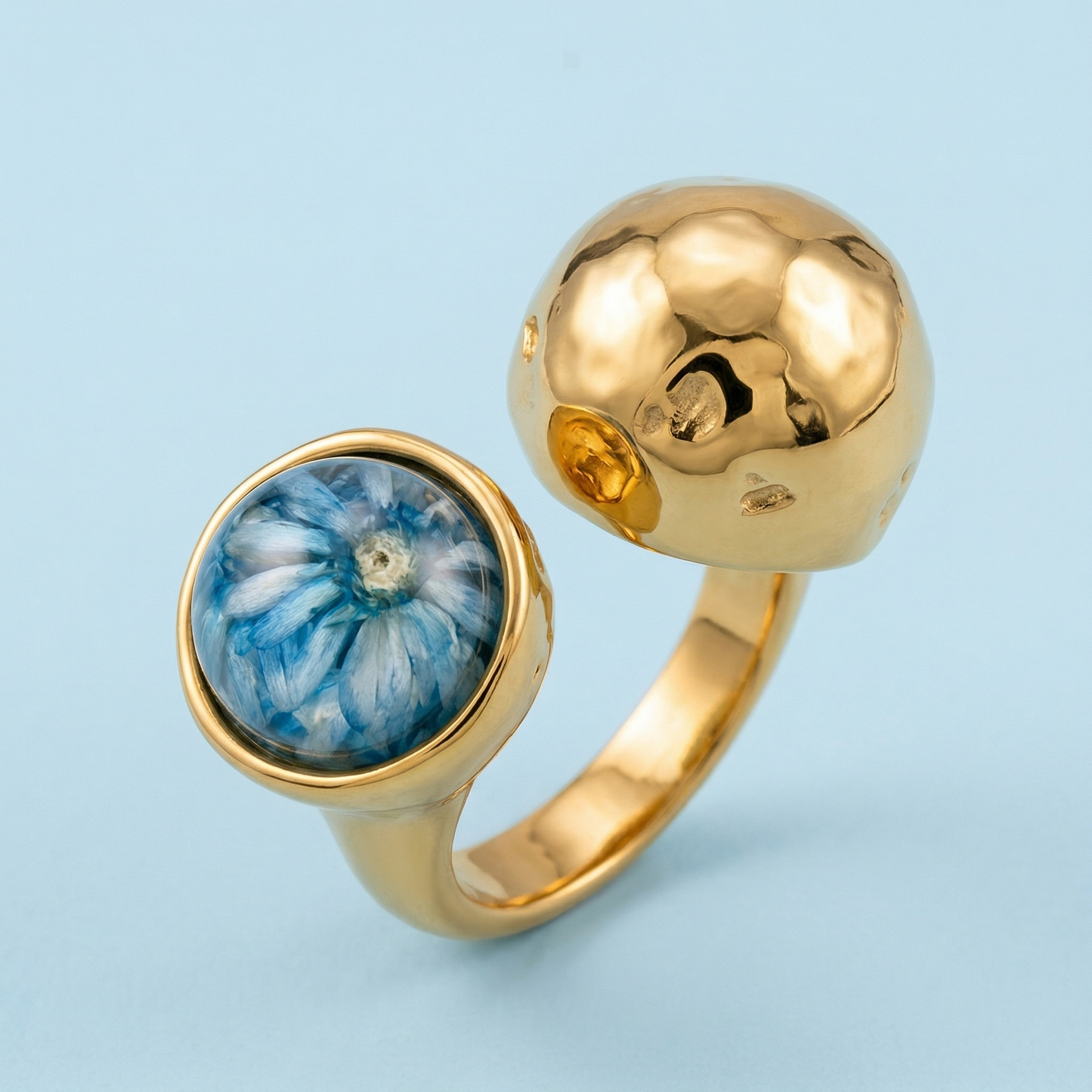 Anello PETRA regolabile in acciaio inox e fiore vero preservato nella resina GLIXIA blu