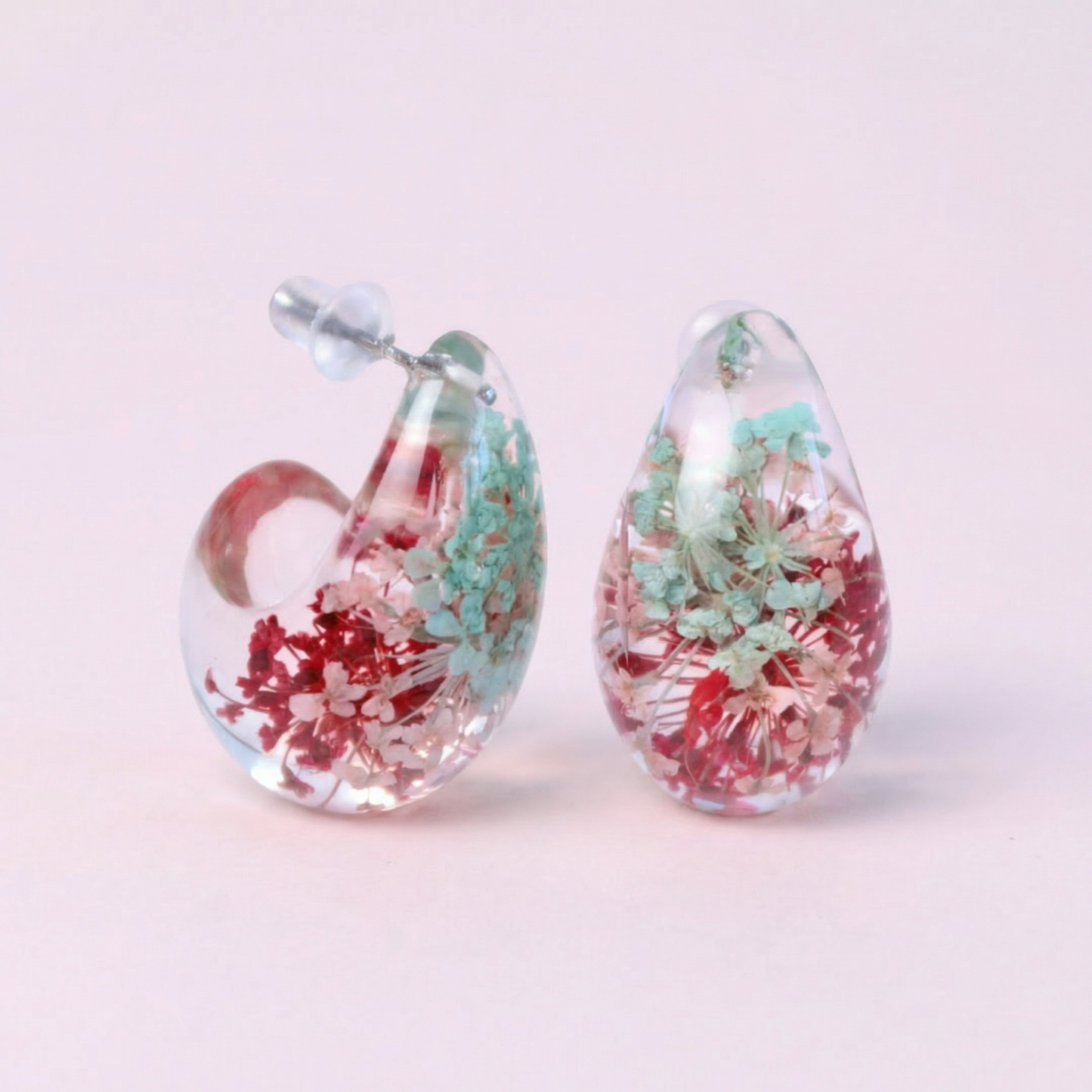 Orecchini a bottone a forma di goccia dupe in resina con fiori veri Pizzo della regina Anna