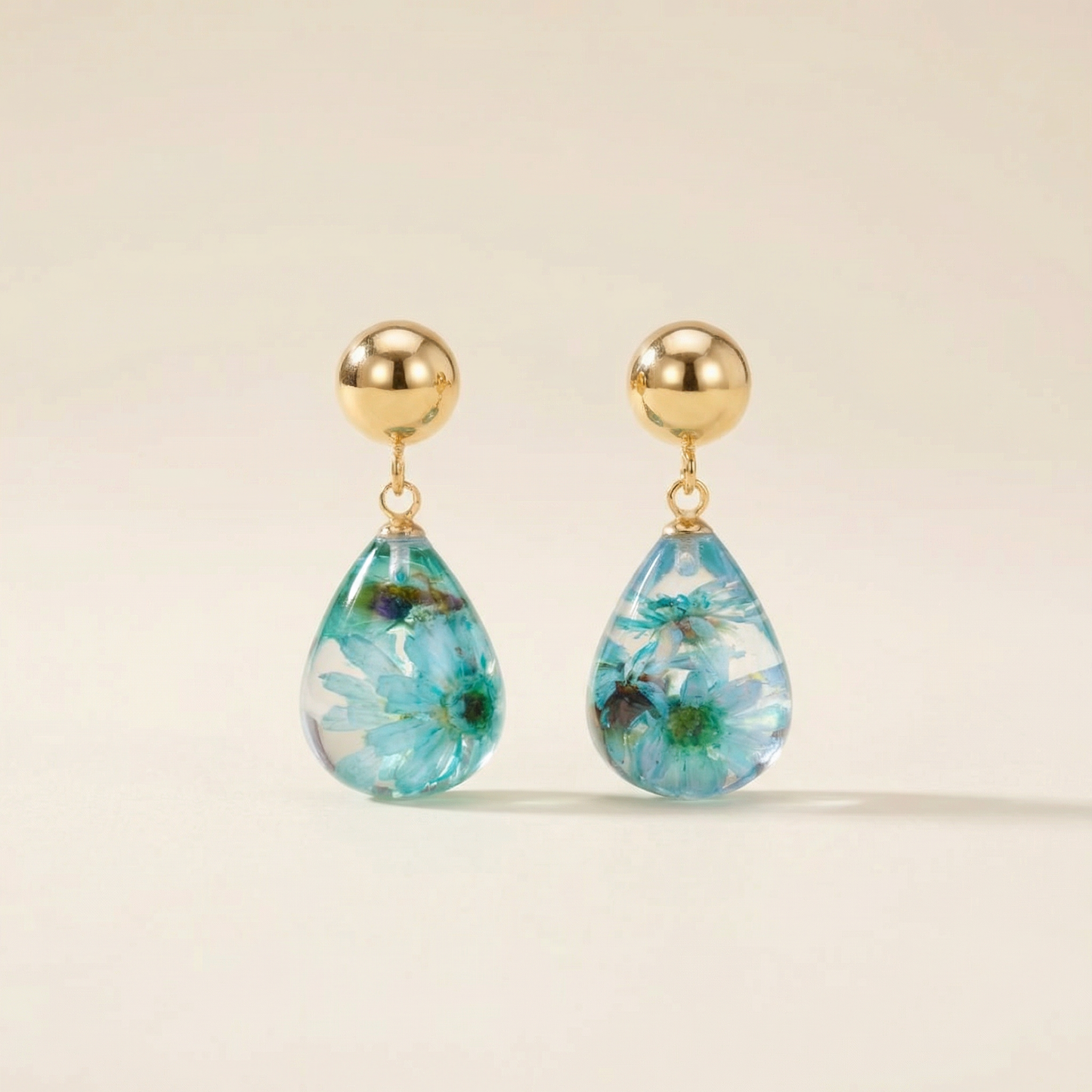 Orecchini Pendenti in Resina con Fiori Veri di Glixia verde - RUGIADA, Acciaio Inox