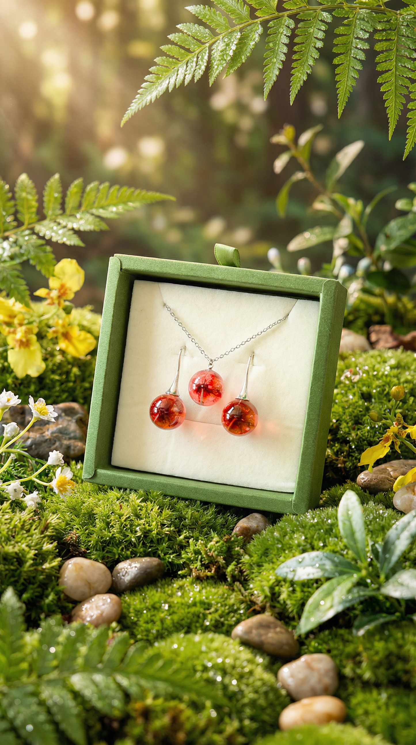 Parure collana e orecchini BOLLA in acciaio inossidabile e ciondolo in resina con Ortensia rossa