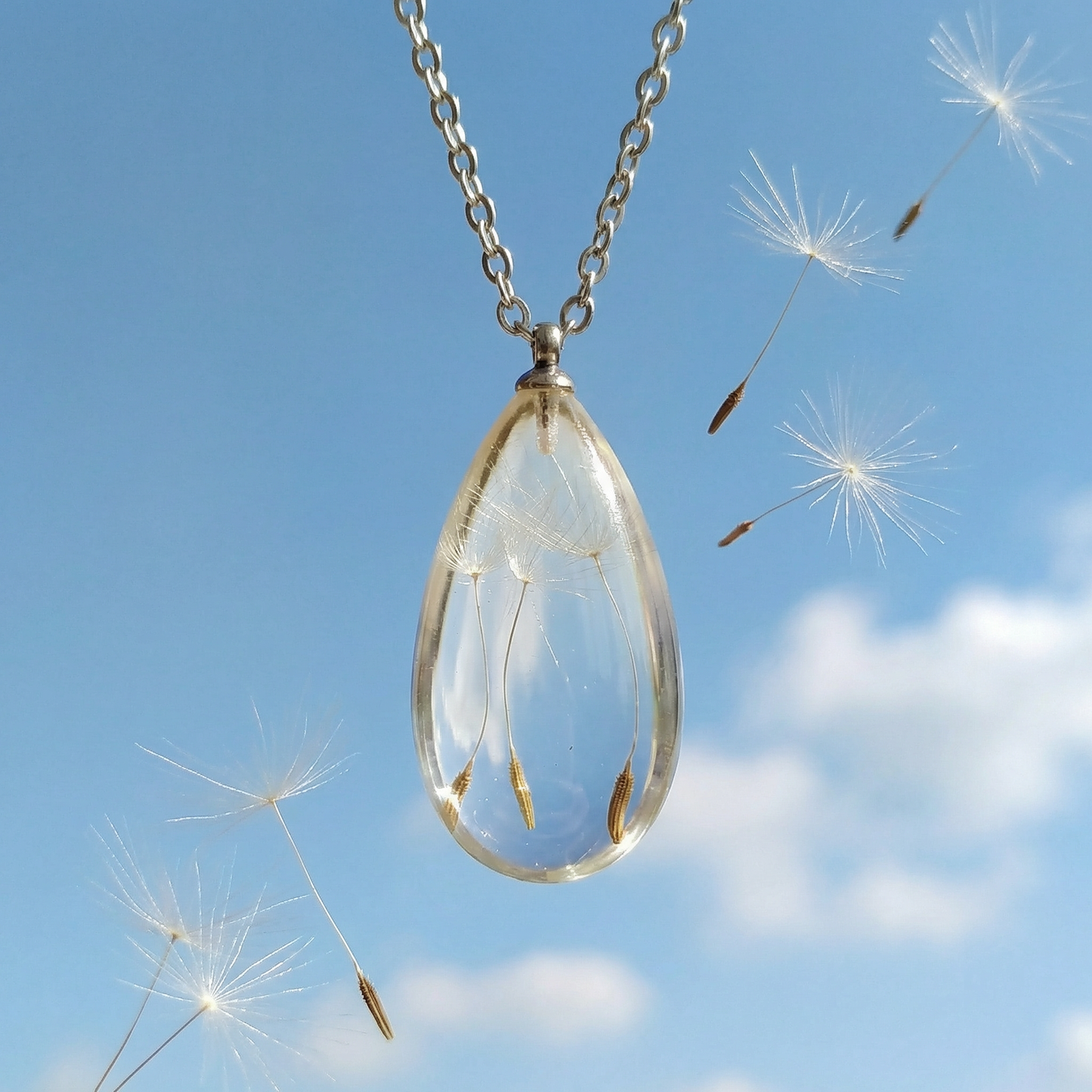 Collana RUGIADA in acciaio inossidabile e ciondolo in resina con Soffione