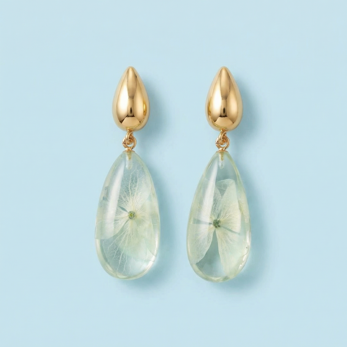 Orecchini Pendenti in Resina con Fiori Veri di Ortensia azzurra - RUGIADA, Acciaio Inox