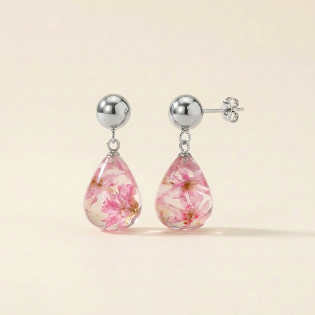 Orecchini Pendenti in Resina con Fiori Veri di Glixia rosa - RUGIADA, Acciaio Inox