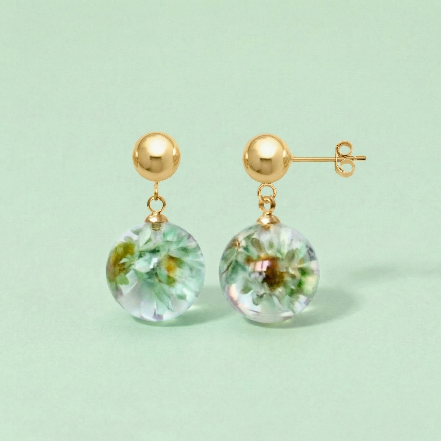 Paio di orecchini BOLLE - sfere pendenti con fiore vero Glixia verde e montatura acciaio inox