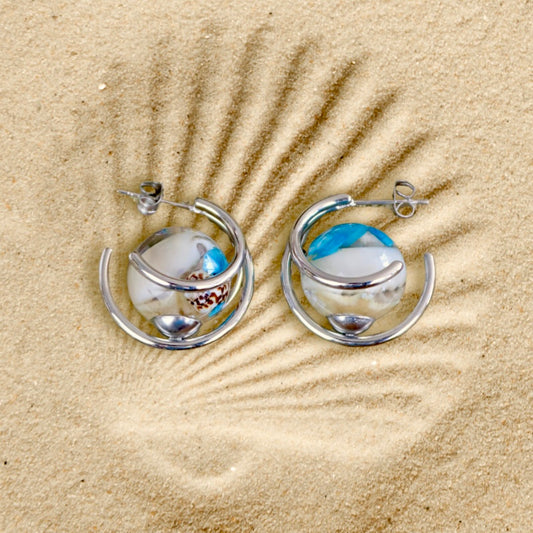 Orecchini BOLLA con Conchiglie e sassolini azzurri in acciaio inossidabile anallergico
