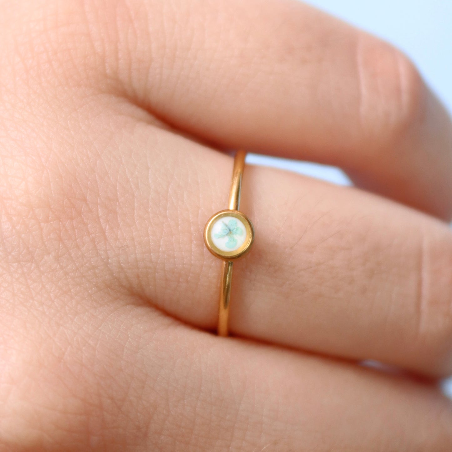 Anello in acciaio inox oro e Pizzo della regina Anna celeste intersecata nella resina